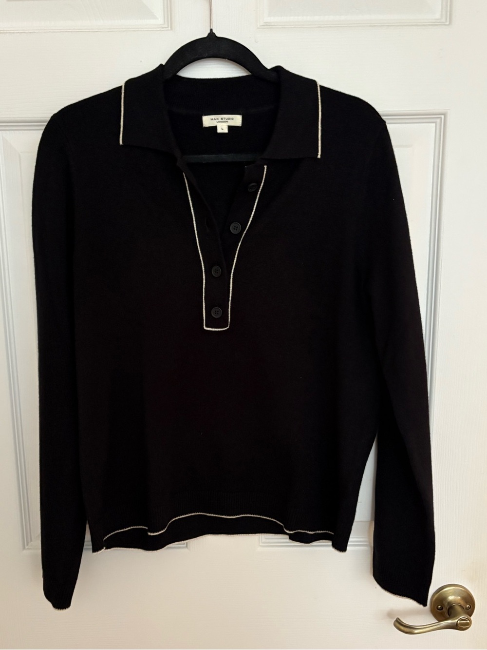 Max Studio Black Polo Zip-Up Sweater with Cream Contrast Trim